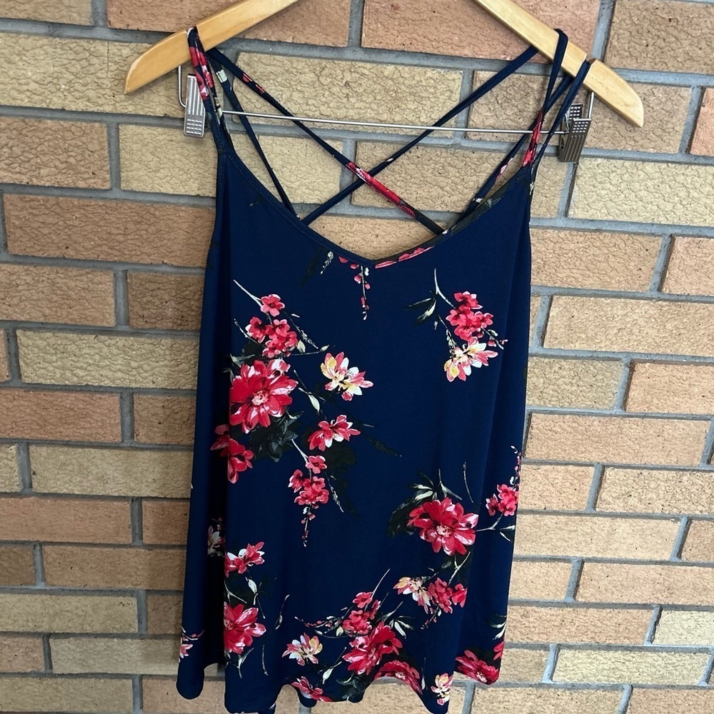 NWT Papermoon Navy Blue Floral Strappy Crossed Back Tunic Tank Top Size 2X